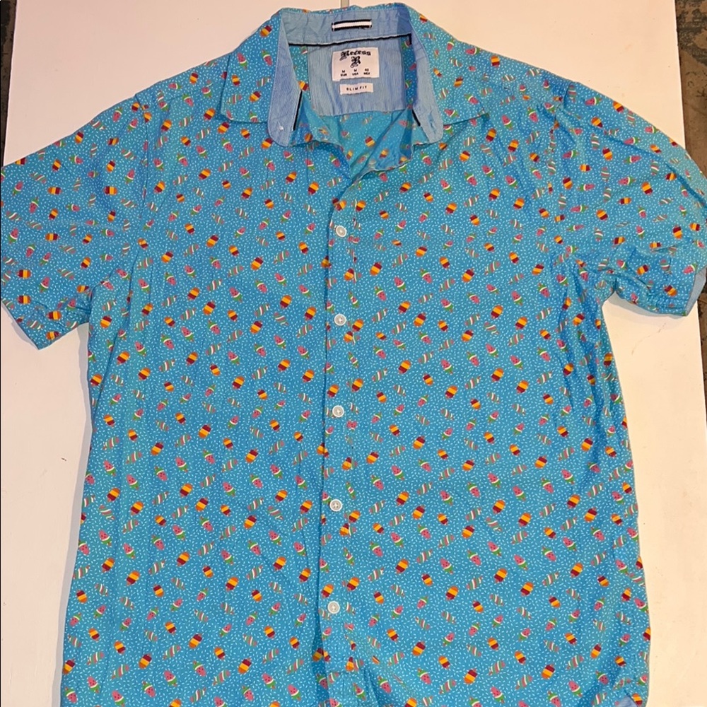 Vibrant Blue with ice cream, popsicle design Casual Button Down Shirt